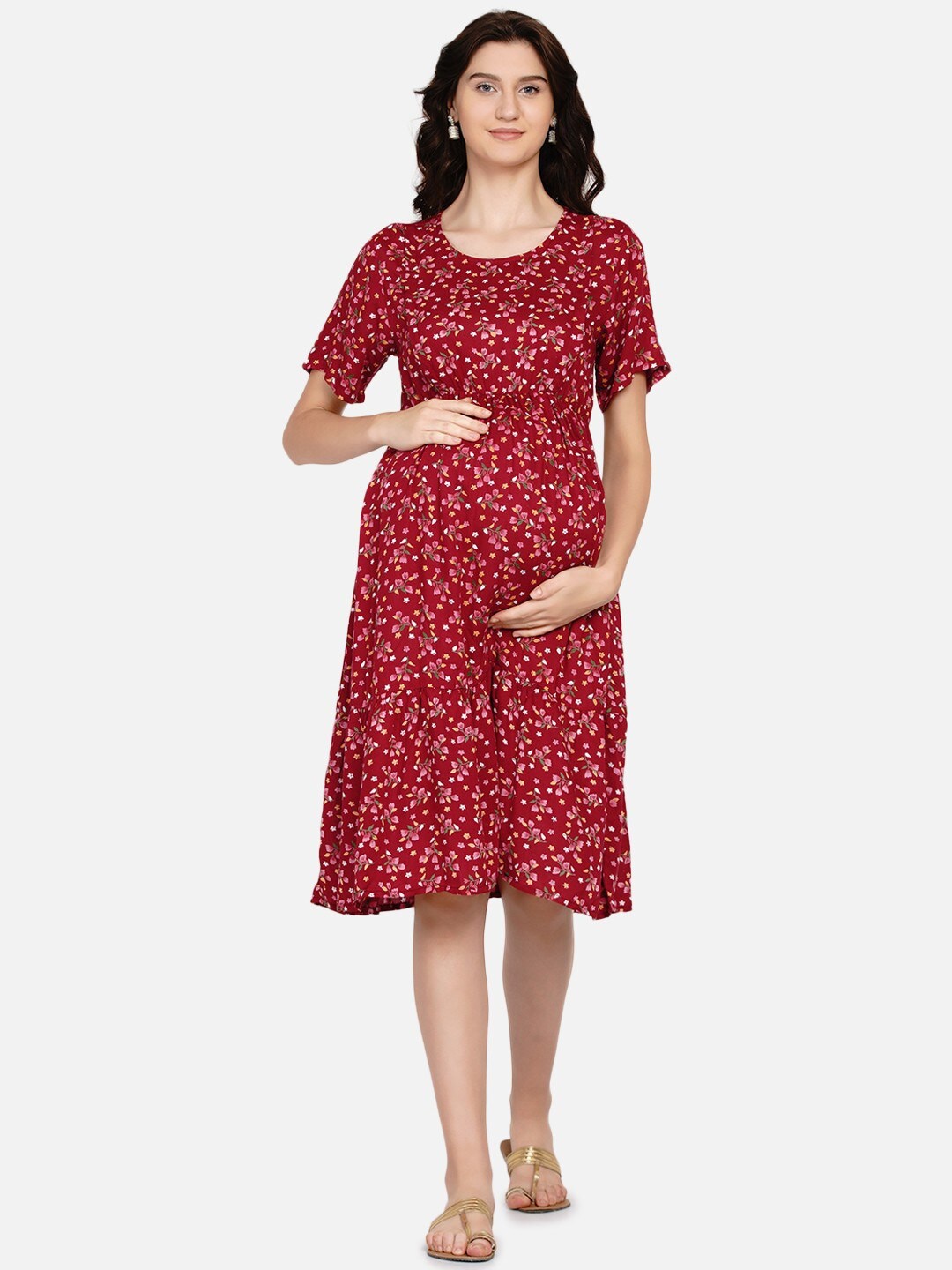 Mine4Nine Floral Maternity A-Line Midi Dress, Maroon