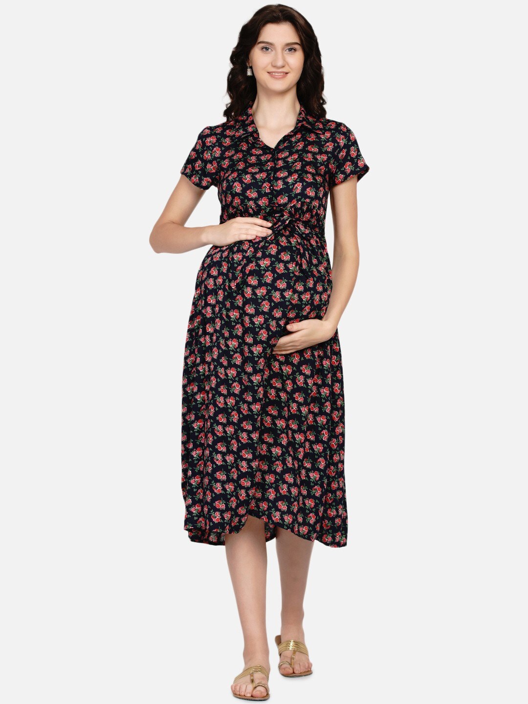 

Mine4Nine Floral Maternity A-Line Midi Dress, Navy blue