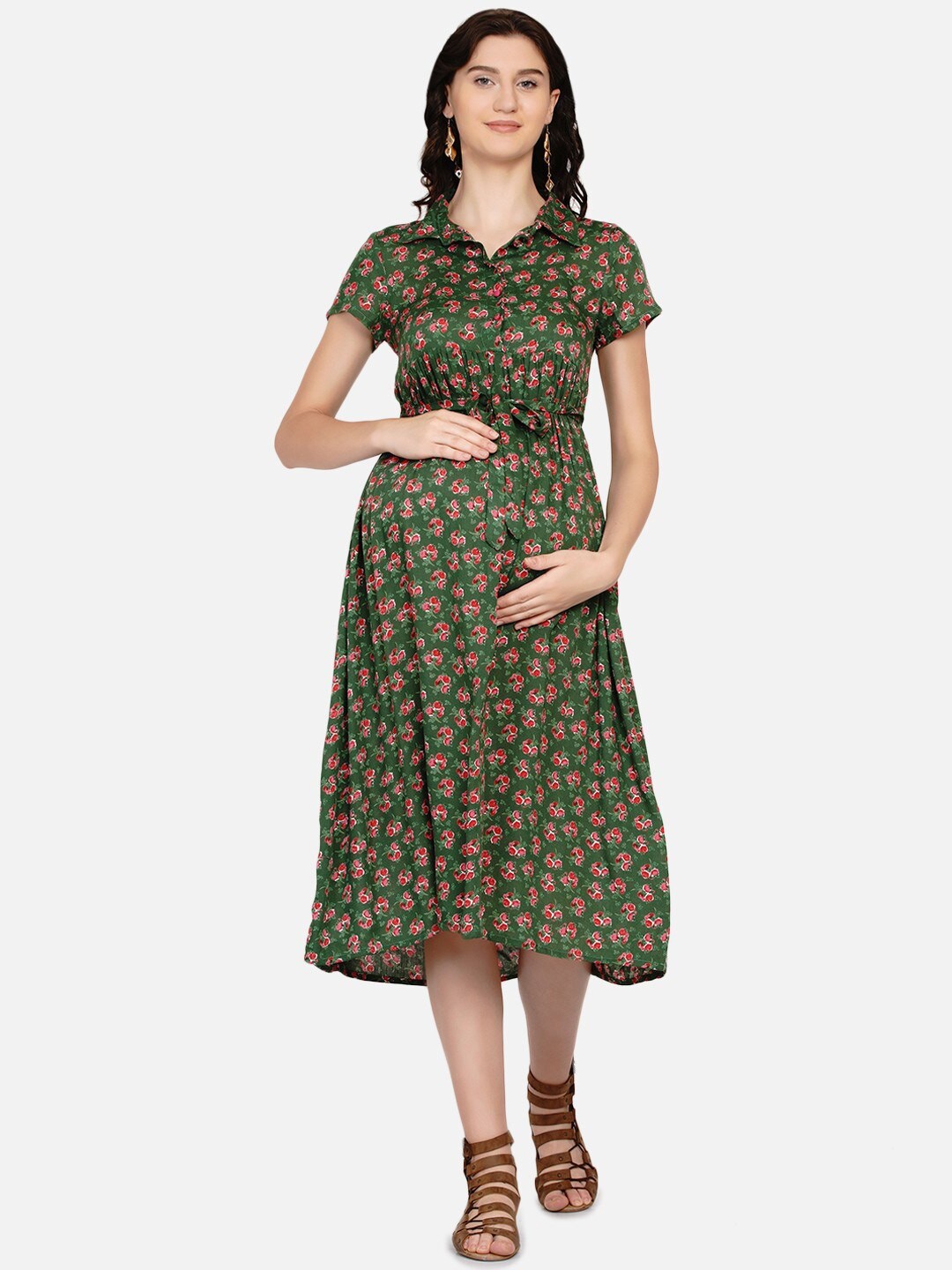 

Mine4Nine Floral Maternity Shirt Midi Dress, Green