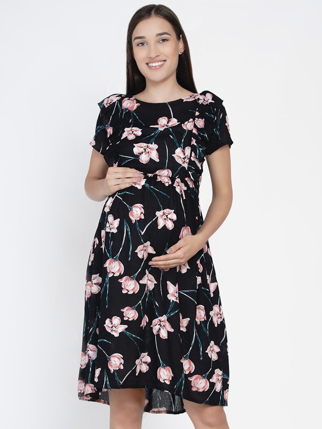 

Mine4Nine Floral Maternity A-Line Dress, Navy blue