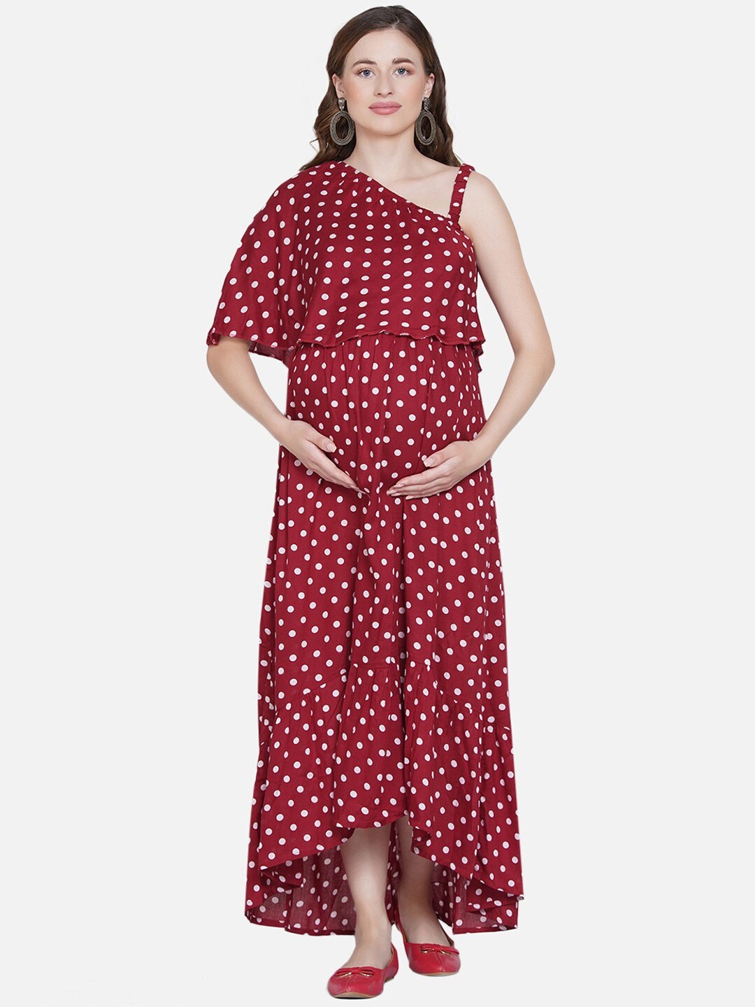 

Mine4Nine Polka Dots Printed Maternity Dress, Maroon