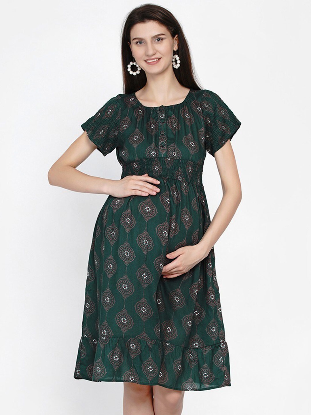 

Mine4Nine Ethnic Motifs Printed Maternity Dress, Green