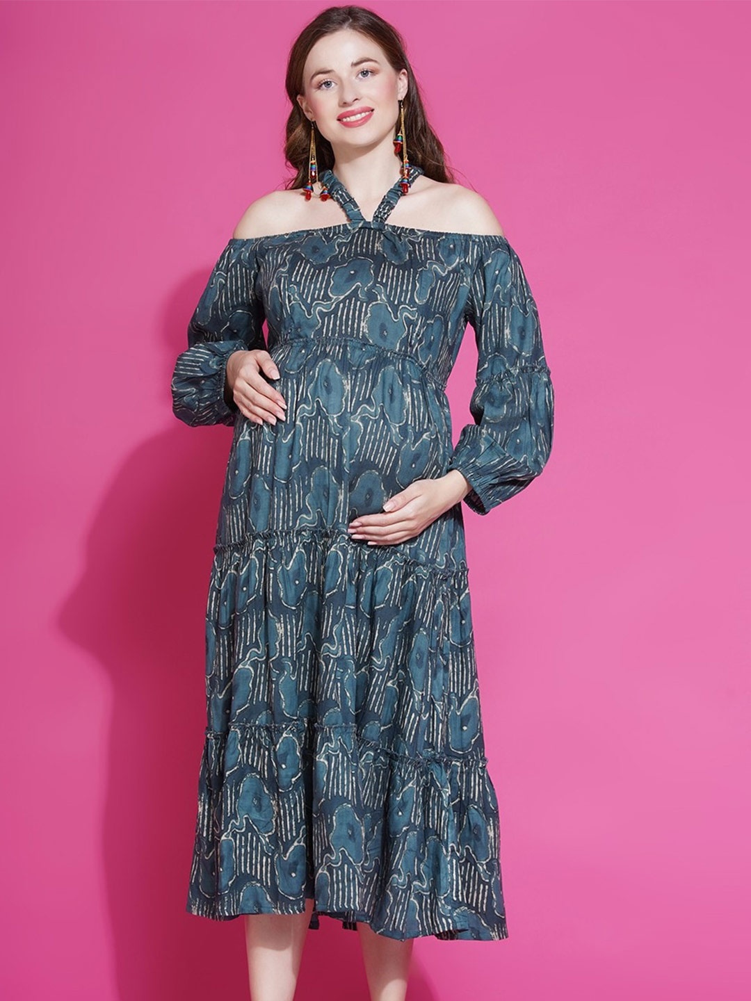

Mine4Nine Ethnic Motifs Off-Shoulder Maternity Midi Dress, Turquoise blue