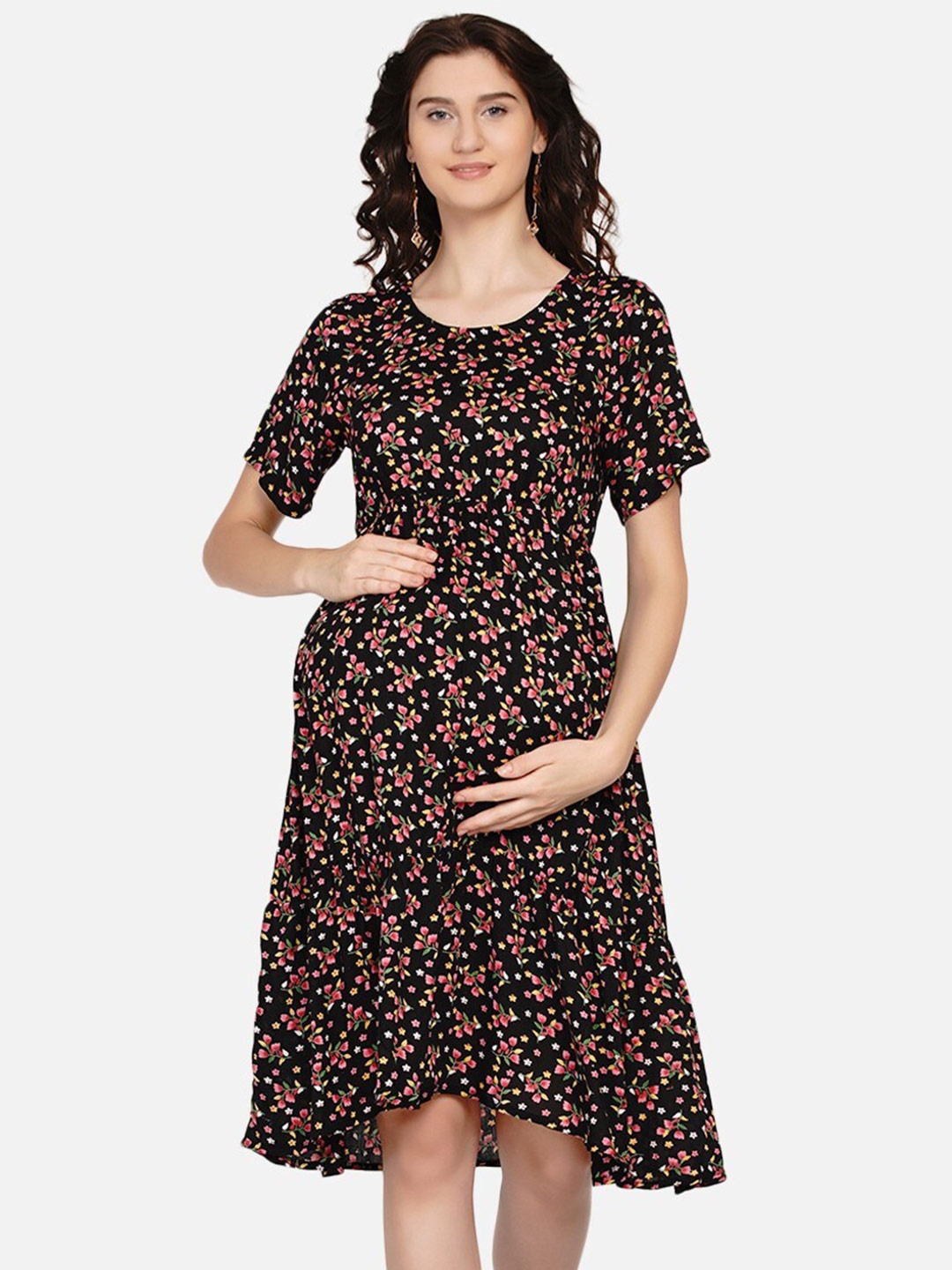 

Mine4Nine Floral Printed Maternity Midi Dress, Black