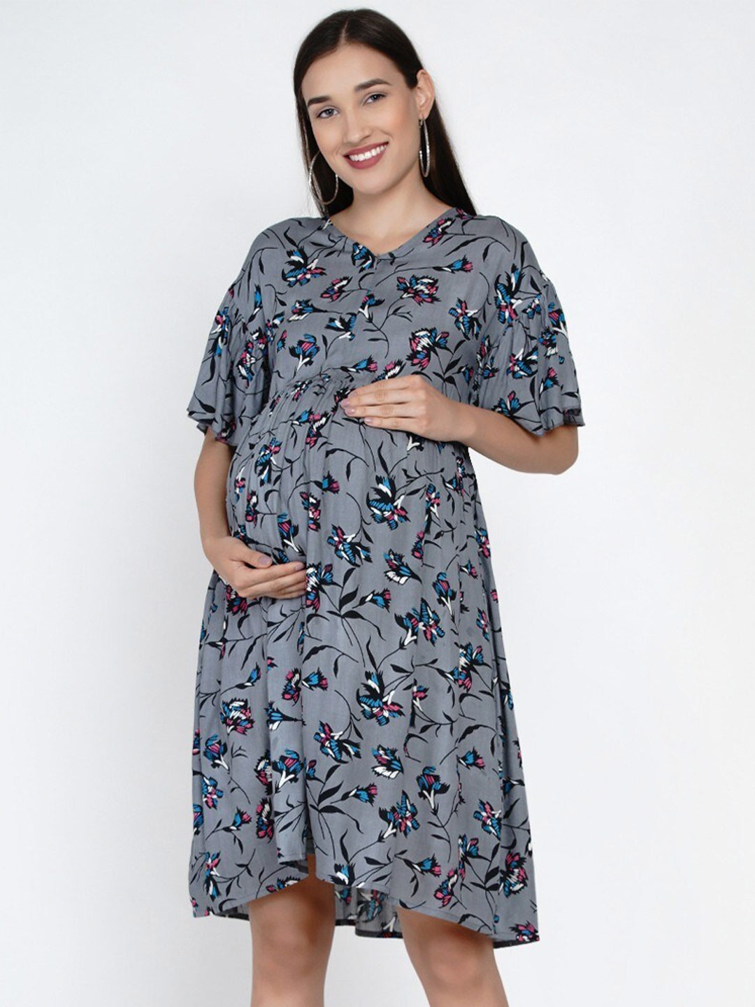

Mine4Nine Floral Printed Maternity Midi Dress, Grey