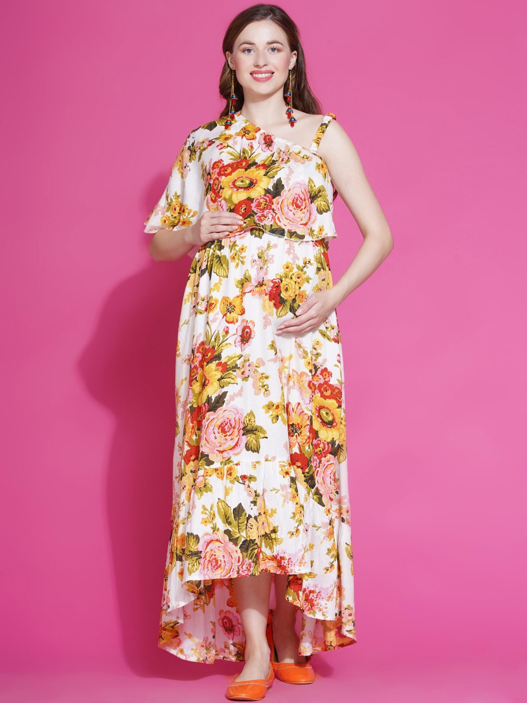 Mine4Nine Floral One Shoulder Maternity Maxi Dress, White