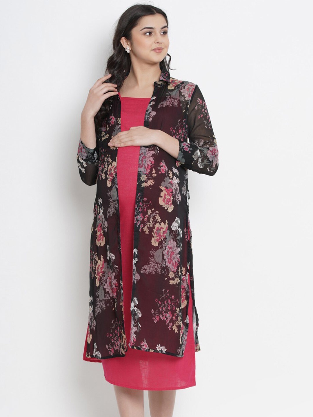 

Mine4Nine Women Floral Printed Open Front Maternity Shrug, Pink