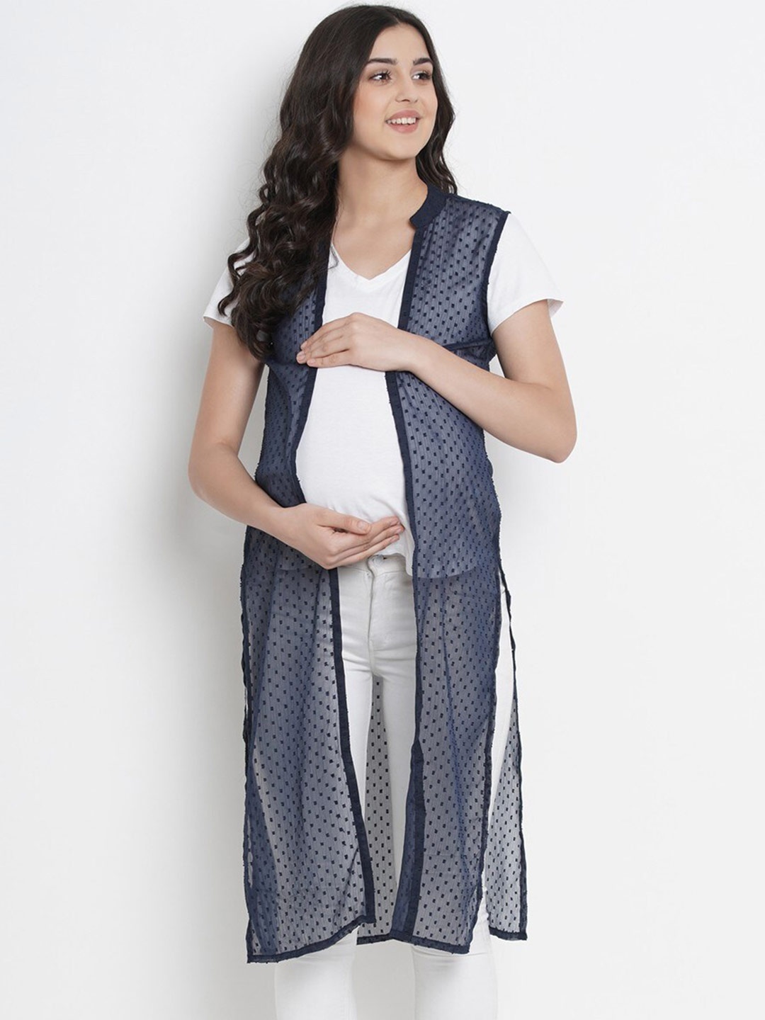 

Mine4Nine Women Self Design Open Front Maternity Shrug, Blue