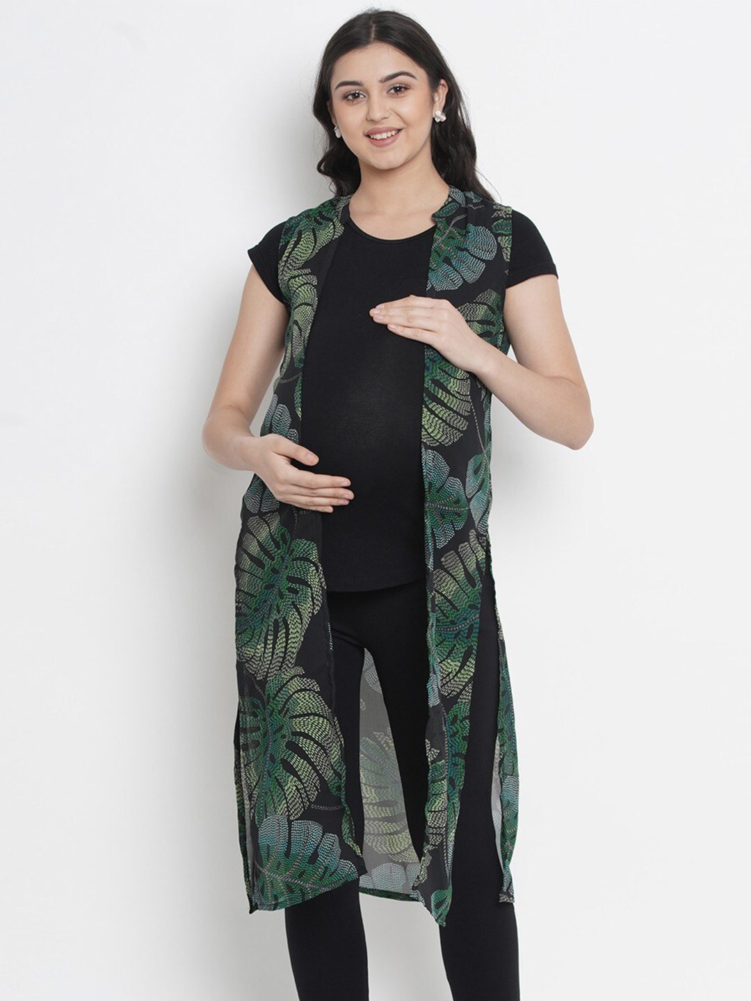 

Mine4Nine Women Printed Open Front Maternity Shrug, Black