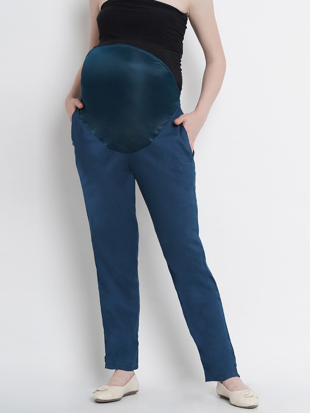 

Mine4Nine Women Plain Maternity Trousers, Blue