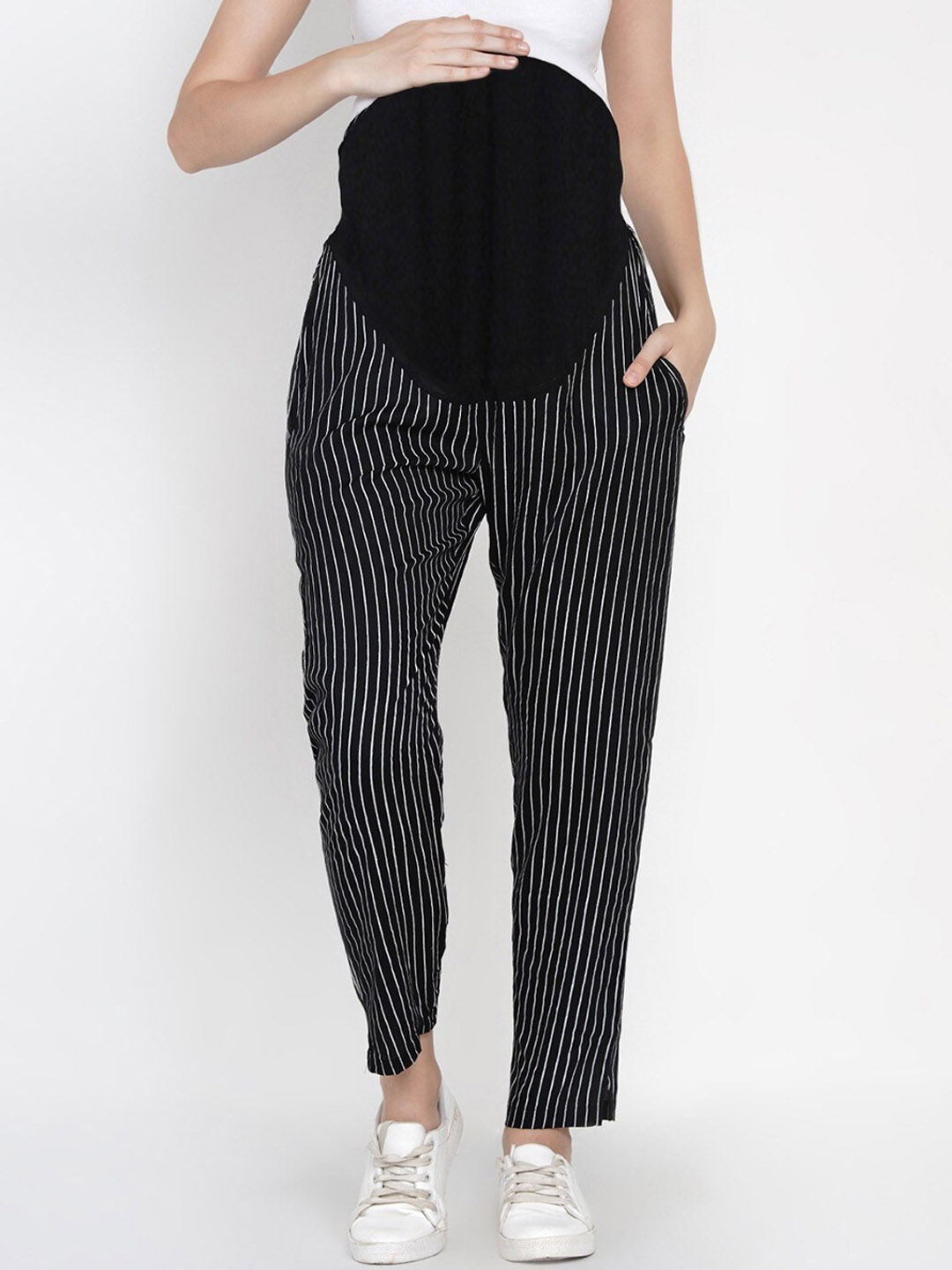 

Mine4Nine Women Striped Plain Maternity Trousers, Black