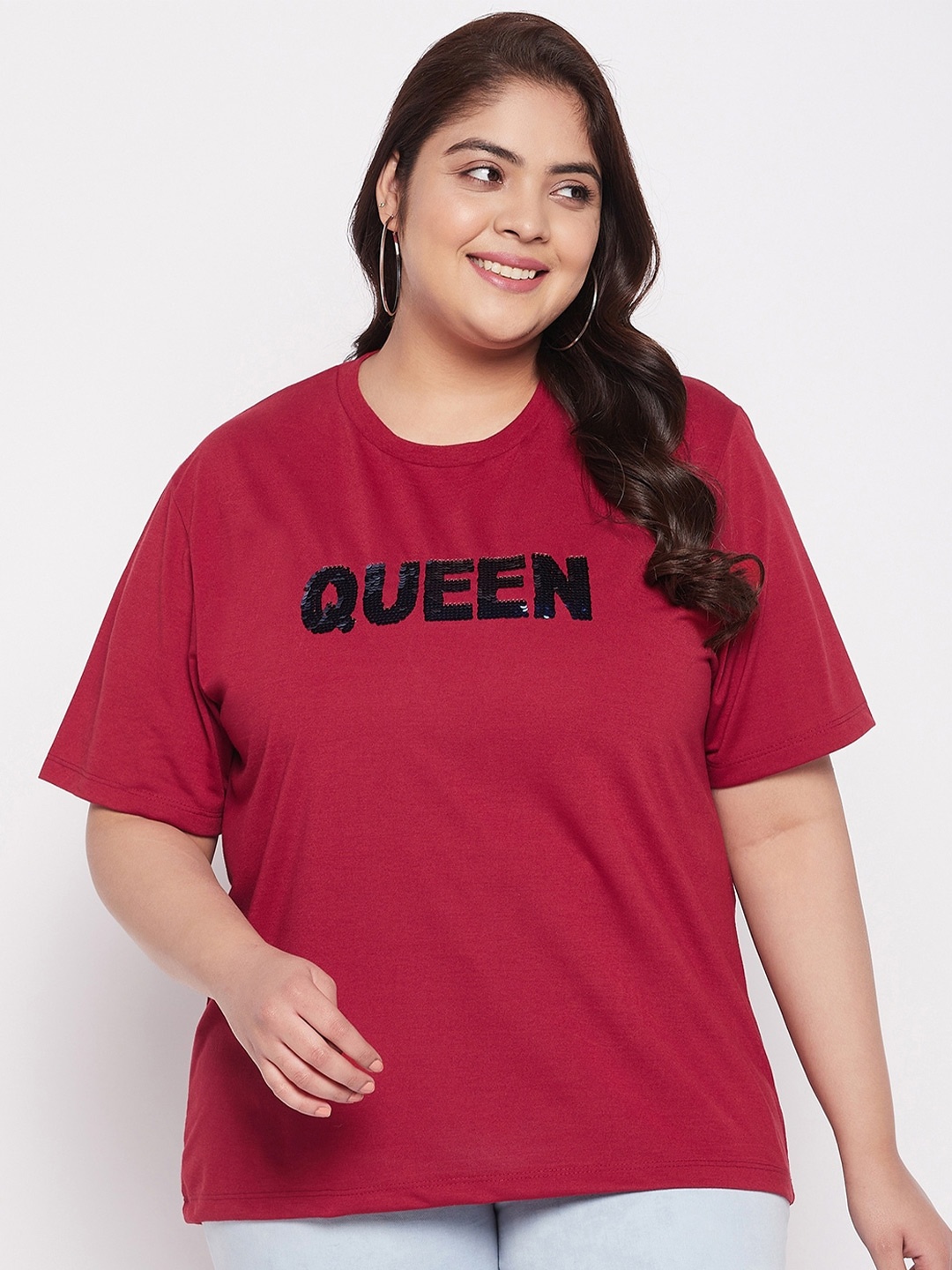 

AUSTIVO Women Plus Size Regular Fit Embellished T-shirt, Maroon