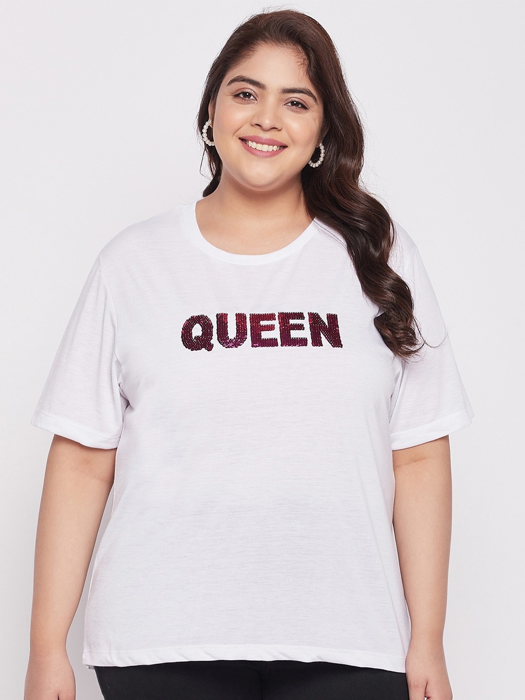 

AUSTIVO Women Plus Size Regular Fit Embellished T-shirt, White