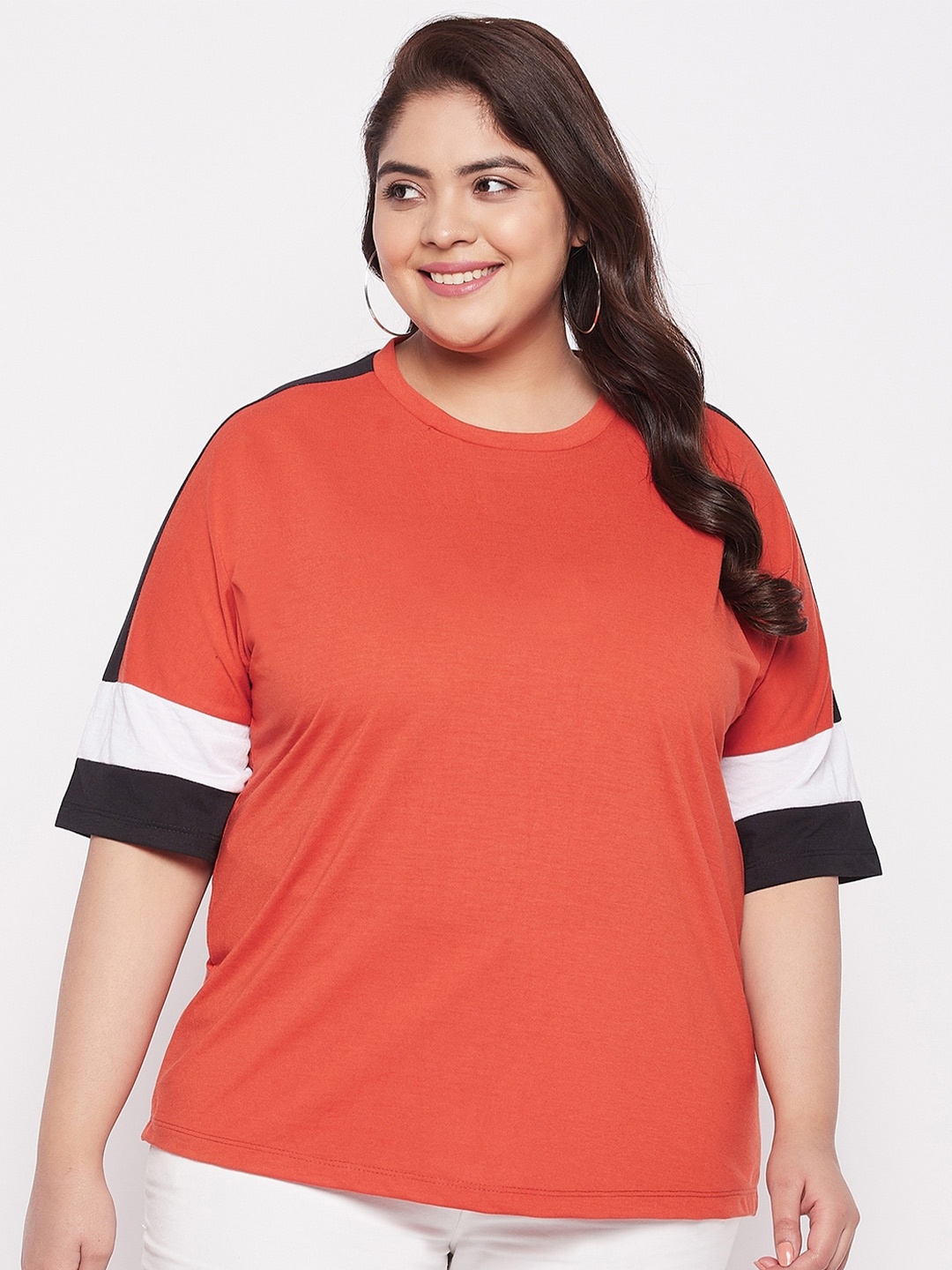 

AUSTIVO Women Plus Size Round Neck Extended Sleeve T-shirt, Orange