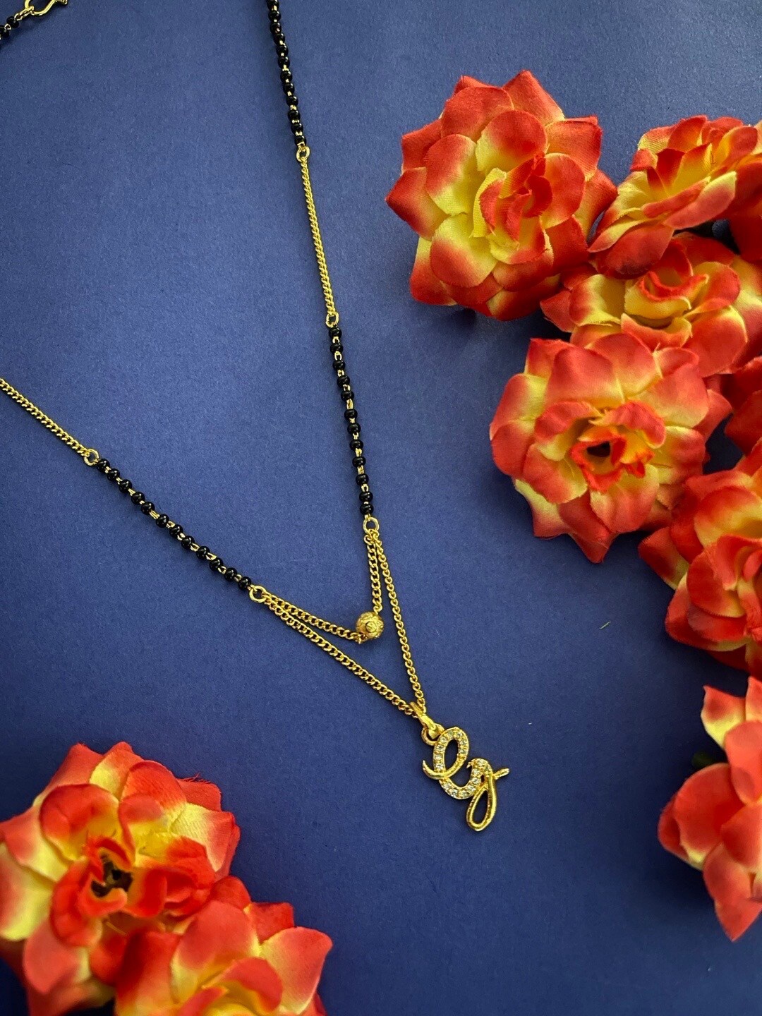 

Digital Dress Room Gold-Plated Stone-Studded G-Shaped Charm Brass Mangalsutra, Black