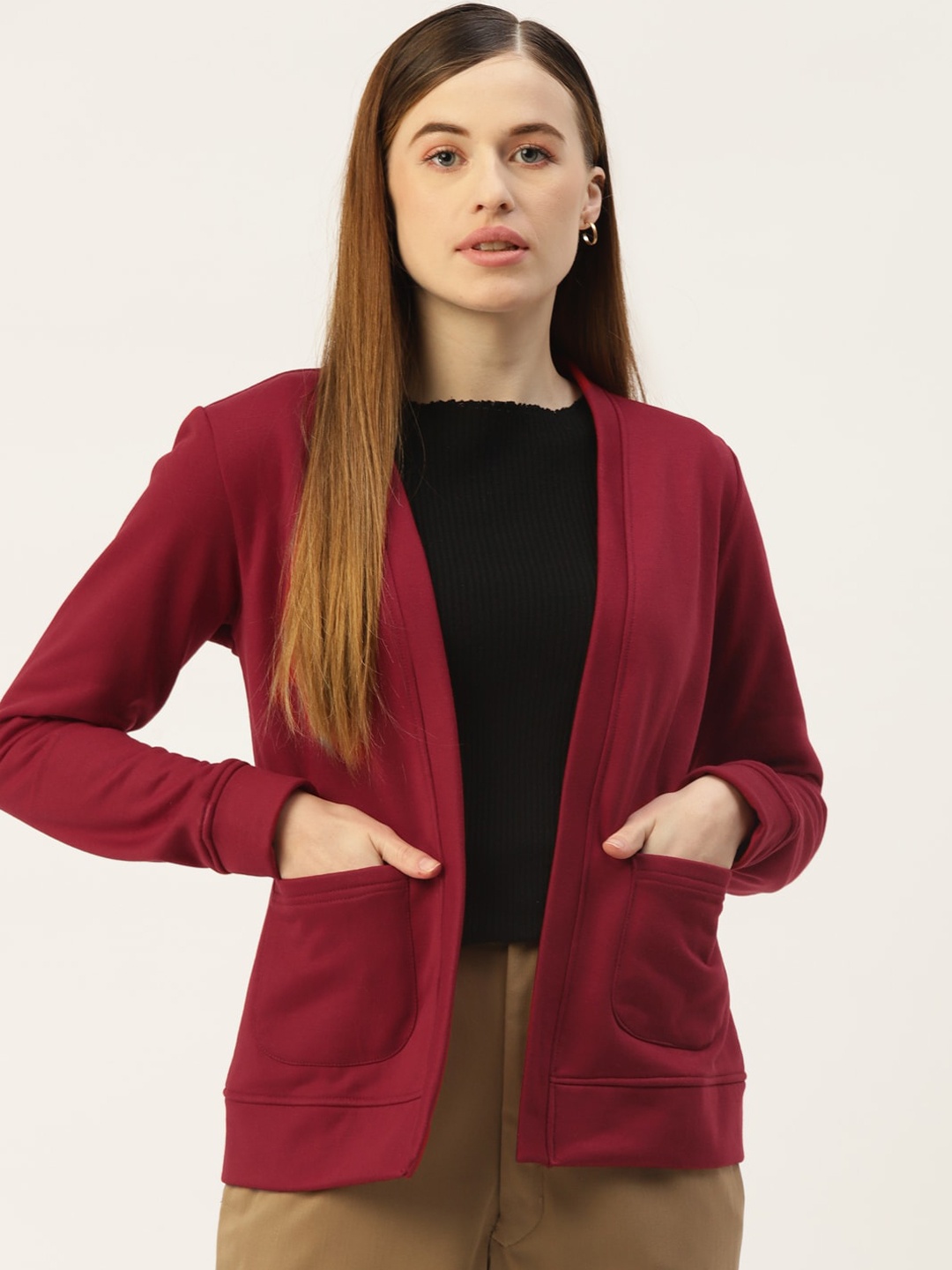 

BRINNS Women Fleece Collarless Open Front Jacket, Maroon
