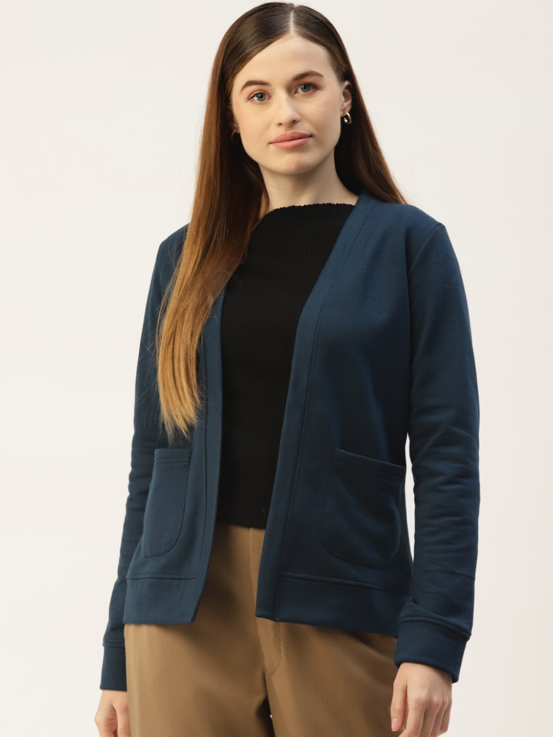 

BRINNS Women Fleece Collarless Open Front Jacket, Teal