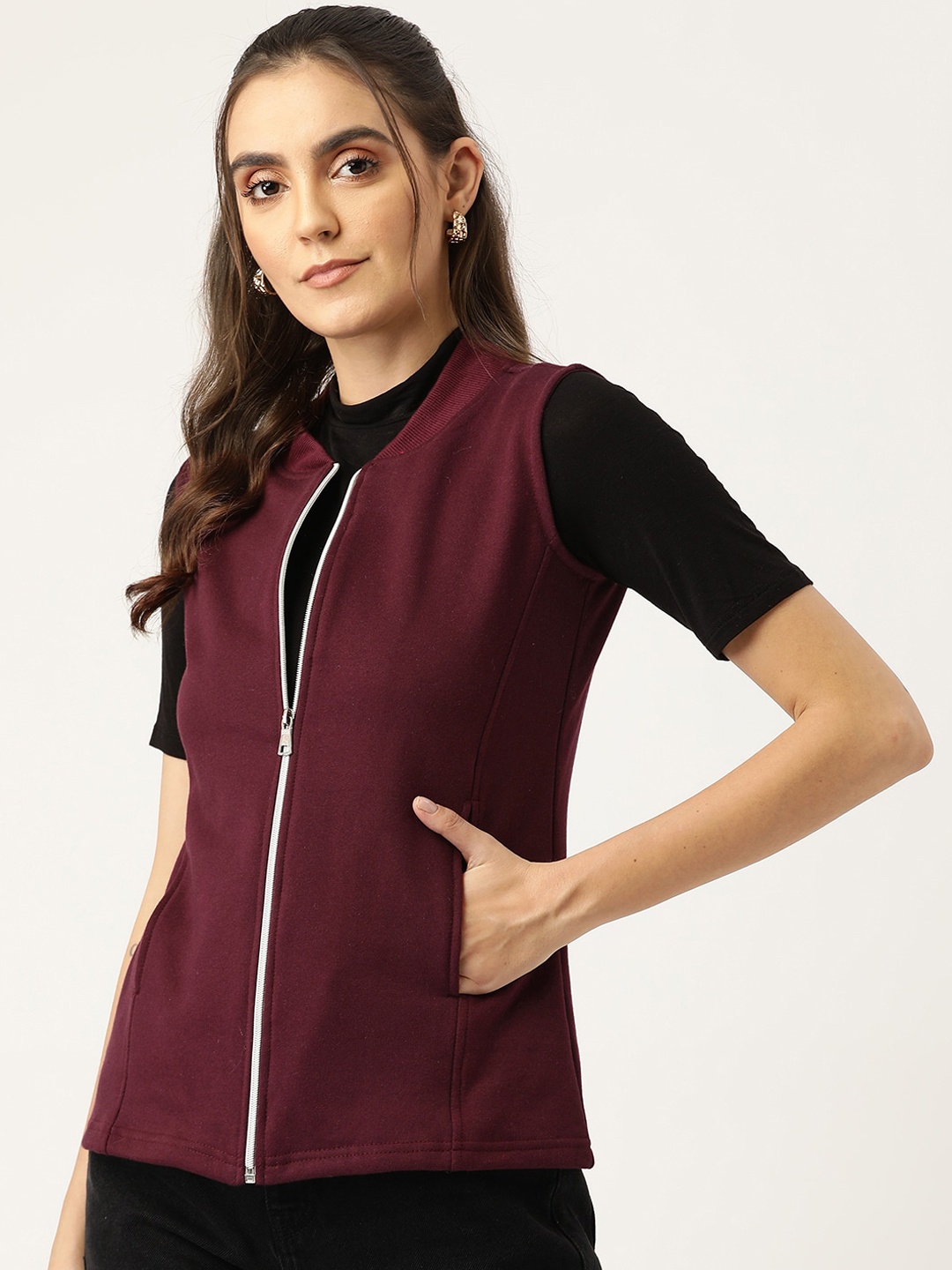 

BRINNS Henley Collar Sleeveless Fleece Zip Detail Tailored Jacket, Burgundy