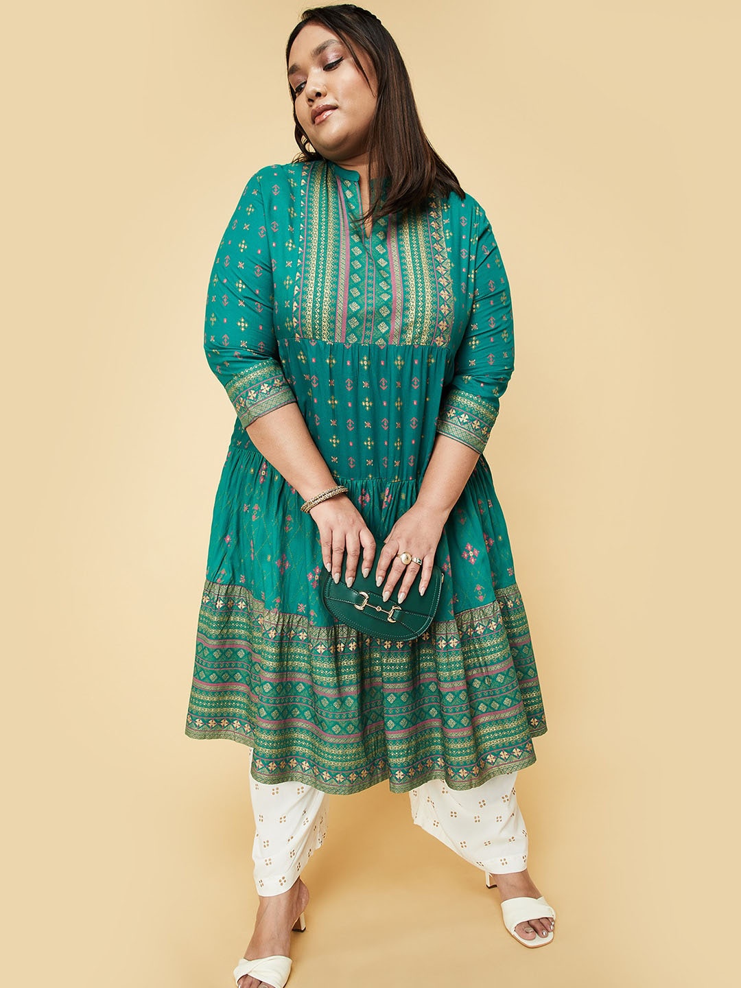 

max Women Plus Size Ethnic Motifs Printed Anarkali Kurta, Green