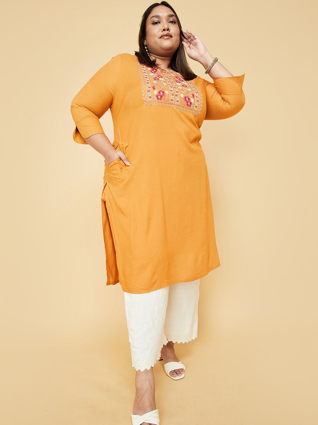 

max Women Plus Size Floral Yoke Design Thread Work Kurta, Mustard