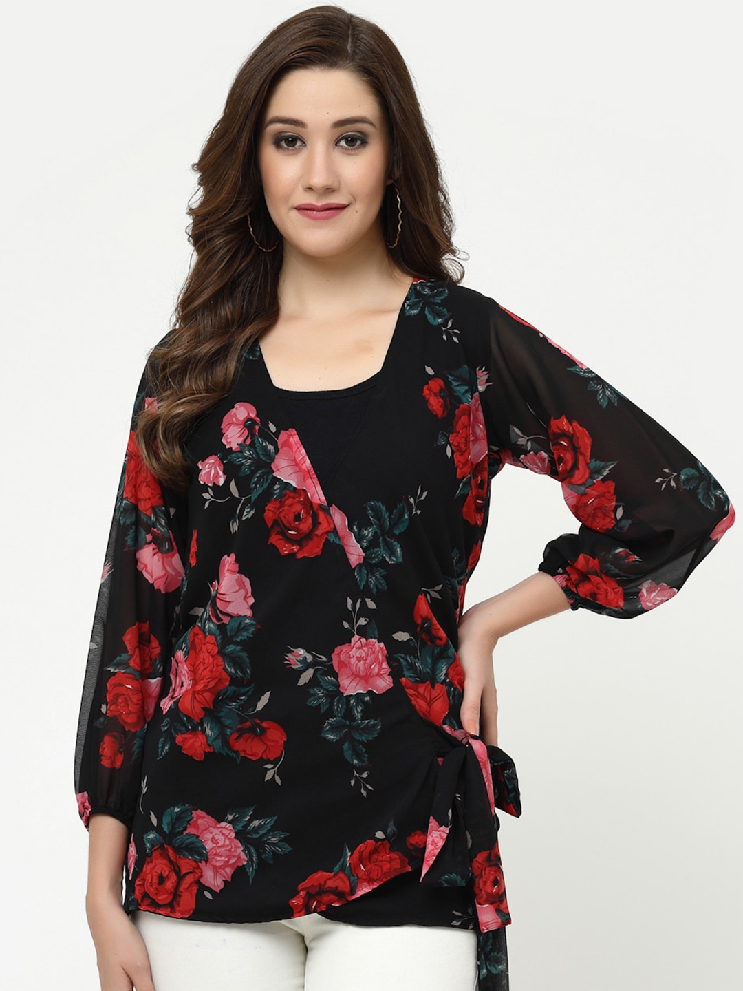 

MISS AYSE Floral Print Wrap Top, Black