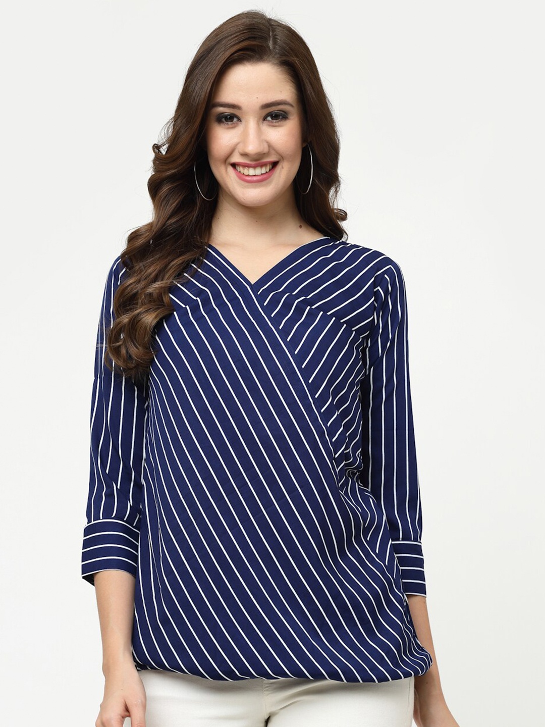 

MISS AYSE Striped Crepe Top, Blue