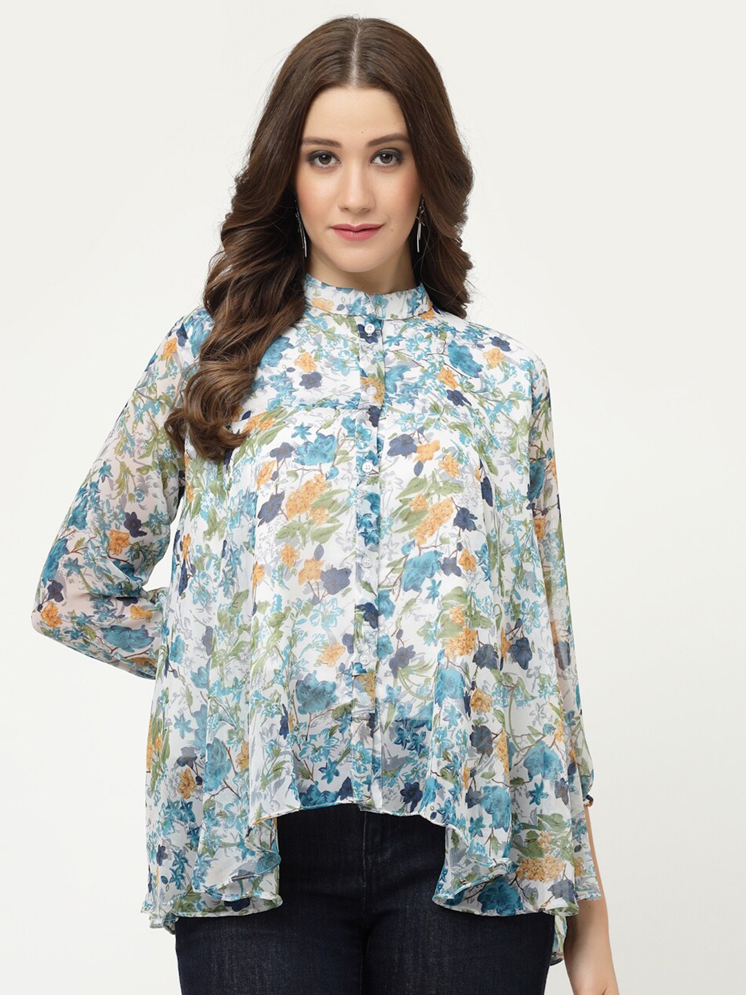 

MISS AYSE Floral Printed Mandarin Collar Georgette Shirt Style Top, Blue