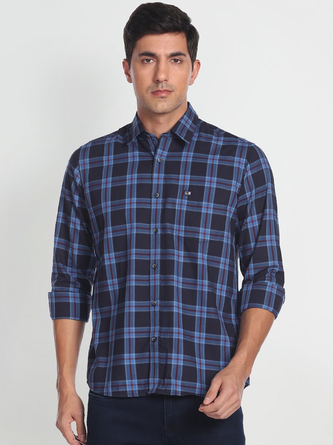 

Arrow Sport Men Manhattan Slim Fit Tartan Checks Opaque Pure Cotton Casual Shirt, Navy blue