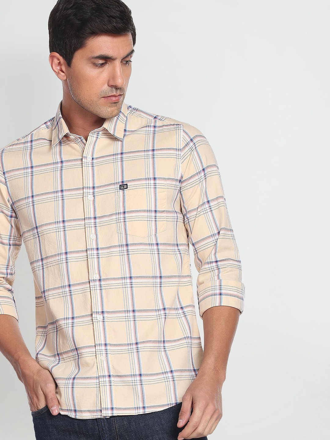 Arrow Sport Men Manhattan Slim Fit Tartan Checks Opaque Pure Cotton Casual Shirt, Beige