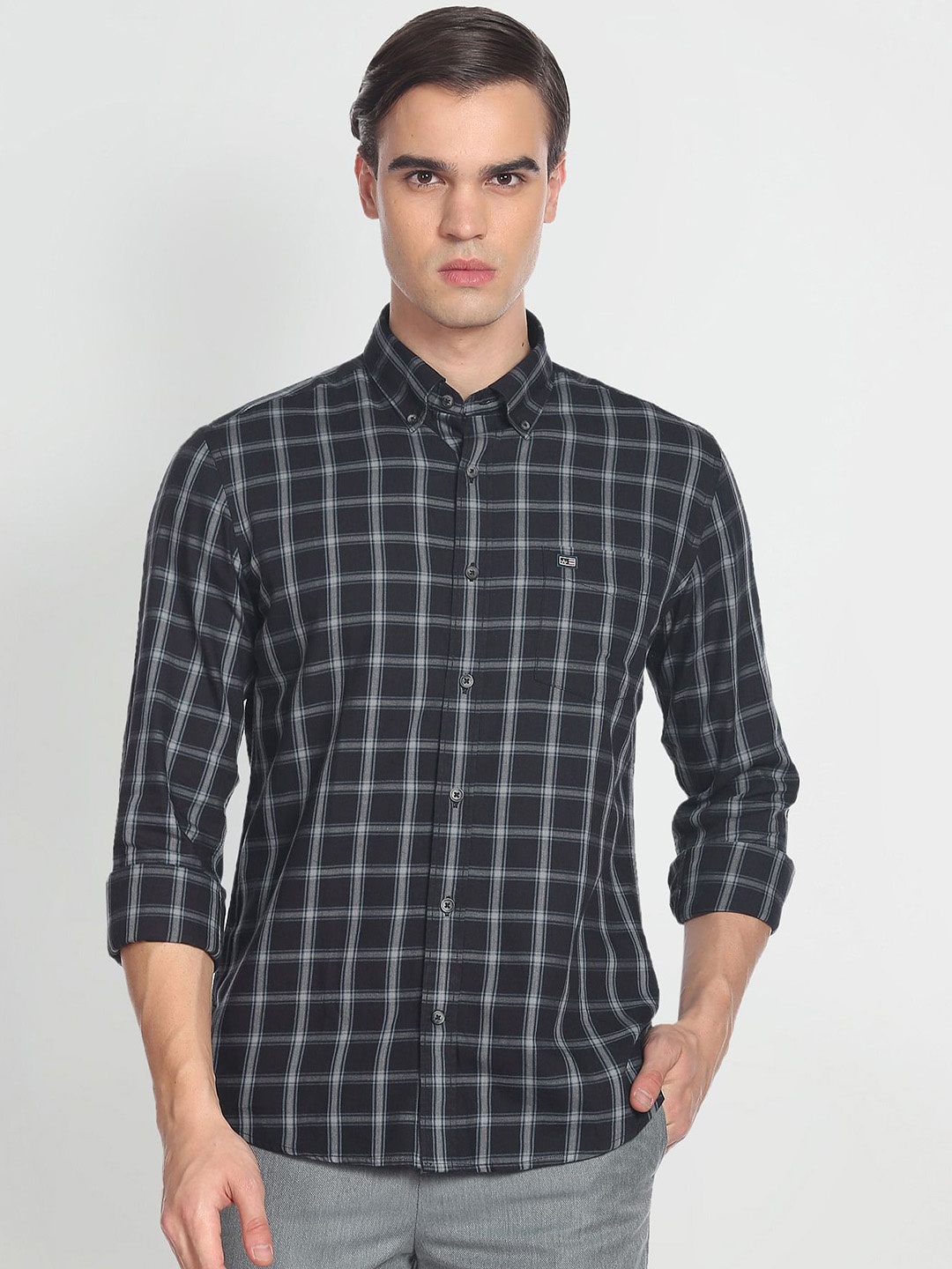 

Arrow Sport Men Manhattan Slim Fit Opaque Checked Pure Cotton Casual Shirt, Black
