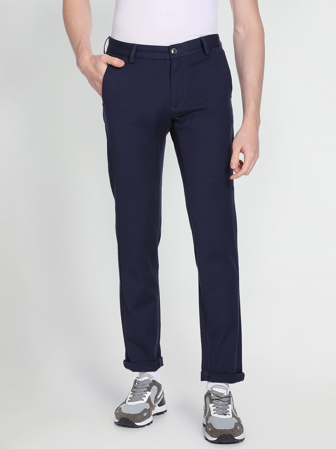 

Arrow Sport Men Self Design Textured Original Slim Fit Chinos, Navy blue