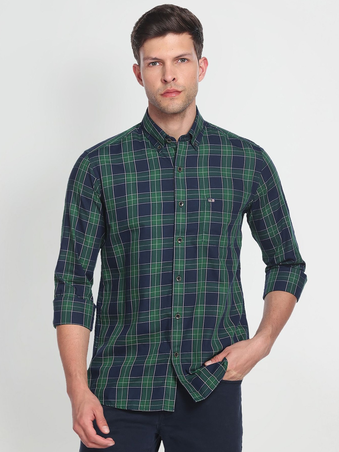 

Arrow Sport Manhattan Slim Fit Checked Pure Cotton Casual Shirt, Green