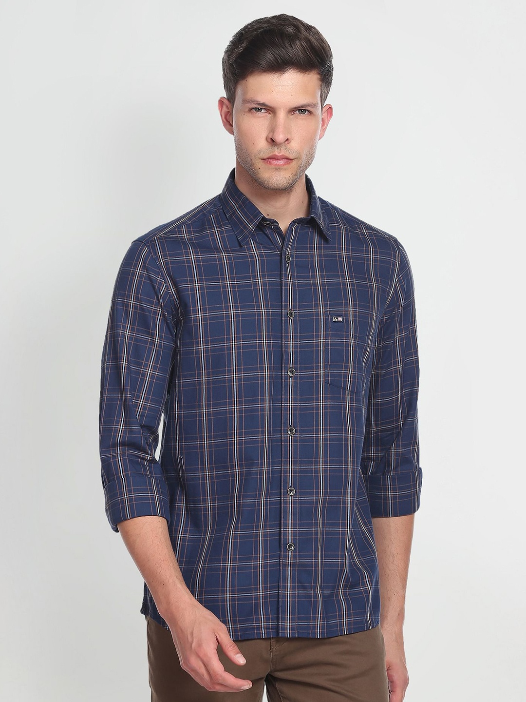 

Arrow Sport Manhattan Slim Fit Pure Cotton Checked Casual Shirt, Navy blue