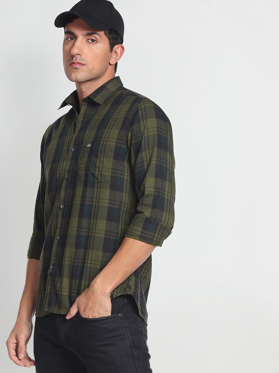 

Arrow Sport Pure Cotton Manhattan Slim Fit Checked Casual Shirt, Olive