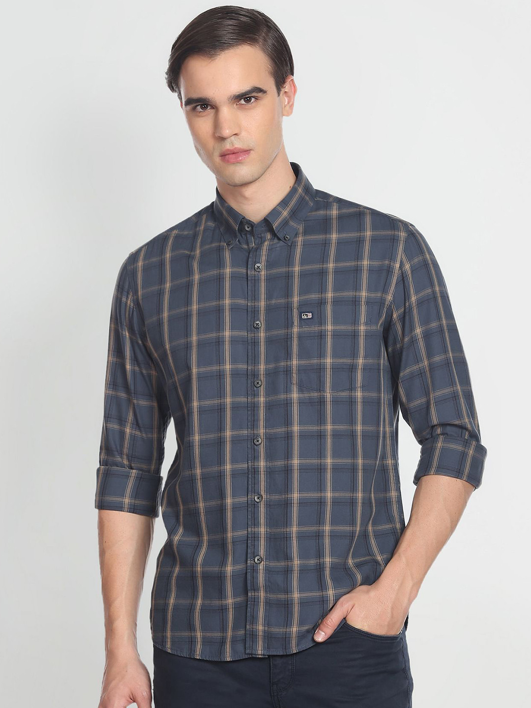 

Arrow Sport Men Manhattan Slim Fit Tartan Checks Opaque Pure Cotton Casual Shirt, Navy blue
