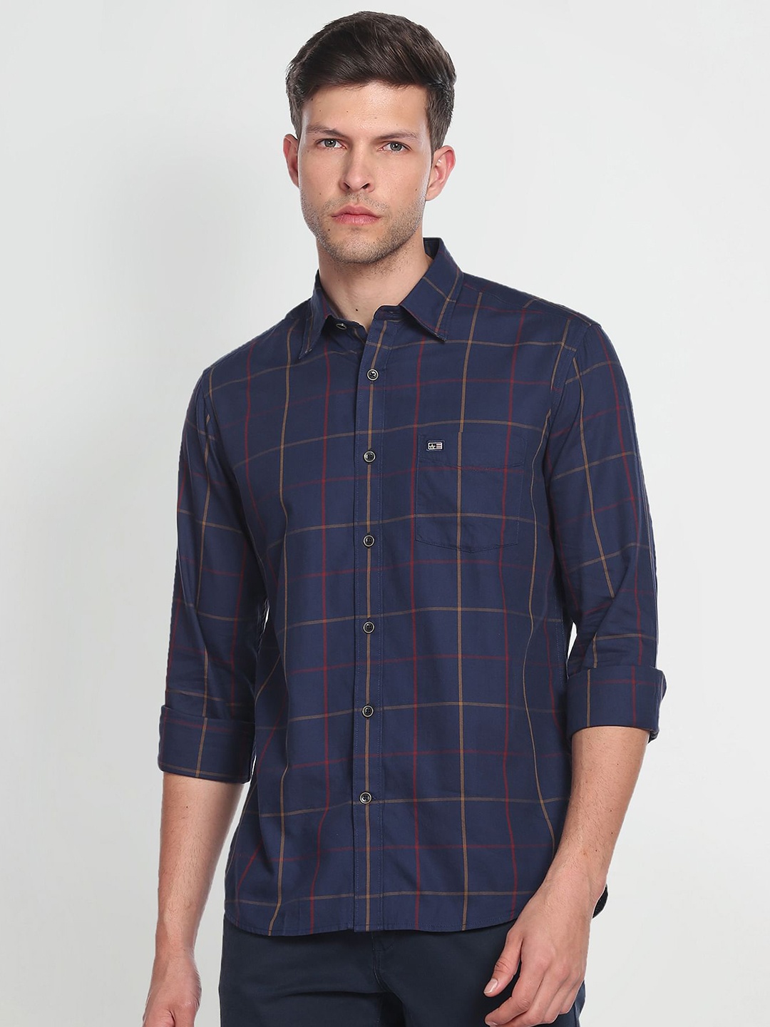 

Arrow Sport Men Pure Cotton Manhattan Slim Fit Windowpane Checks Opaque Casual Shirt, Navy blue