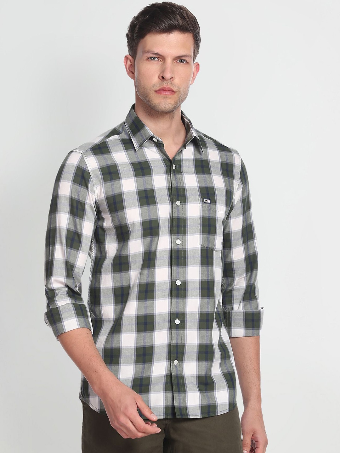 

Arrow Sport Pure Cotton Original Slim Fit Checked Casual Shirt, Olive