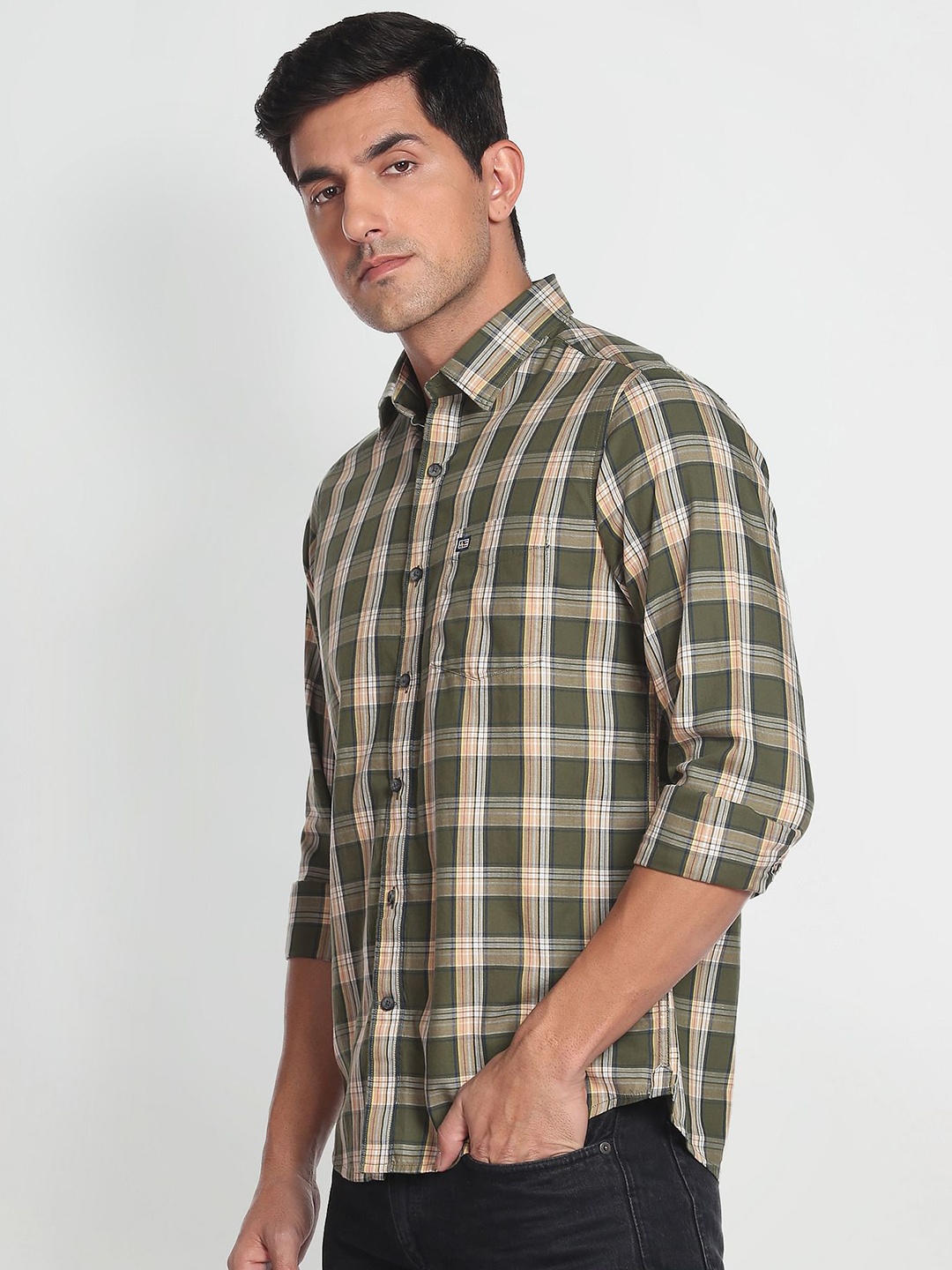 

Arrow Sport Pure Cotton Manhattan Slim Fit Checked Casual Shirt, Green