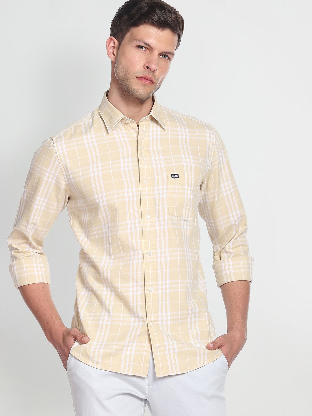 

Arrow Sport Manhattan Slim Fit Checked Pure Cotton Casual Shirt, Beige