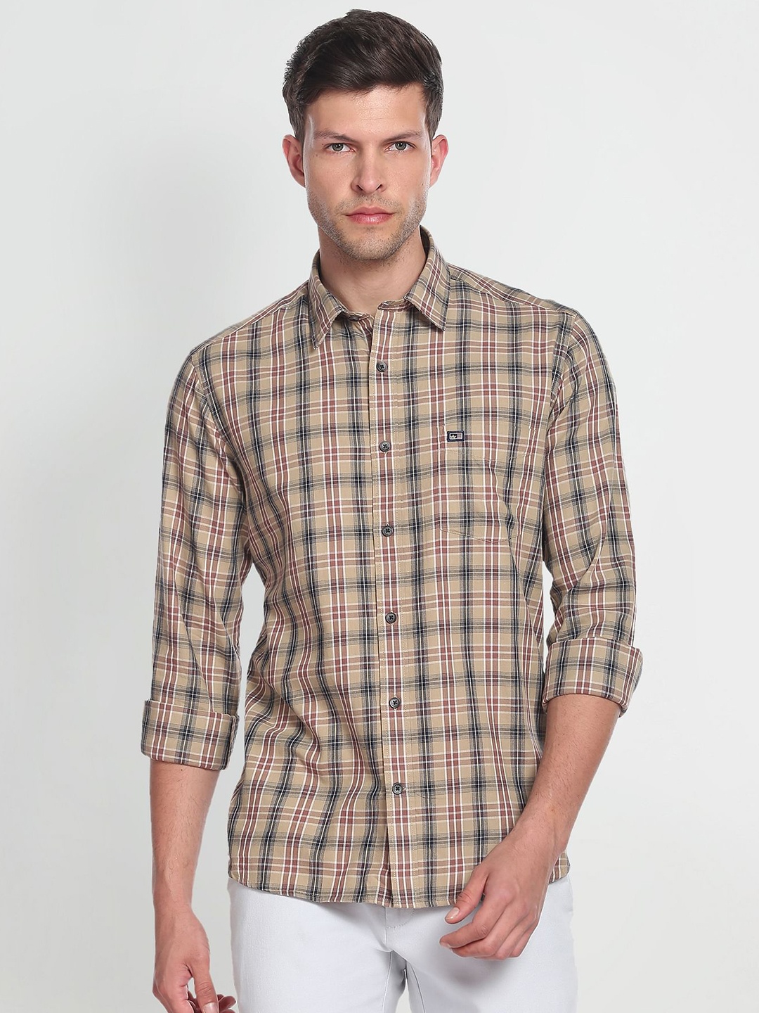 

Arrow Sport Men Pure Cotton Manhattan Slim Fit Checked Casual Shirt, Beige