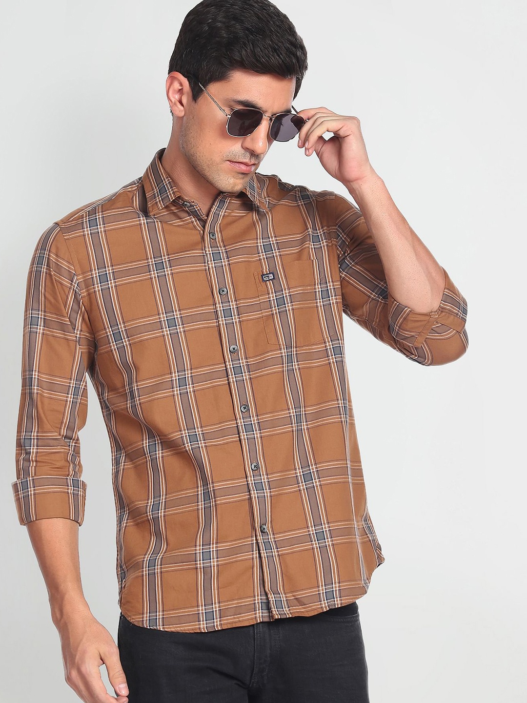 

Arrow Sport Pure Cotton Manhattan Slim Fit Checked Casual Shirt, Brown