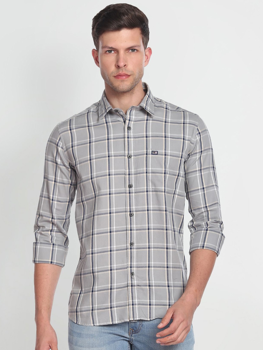 

Arrow Sport Pure Cotton Manhattan Slim Fit Tartan Checked Casual Shirt, Grey