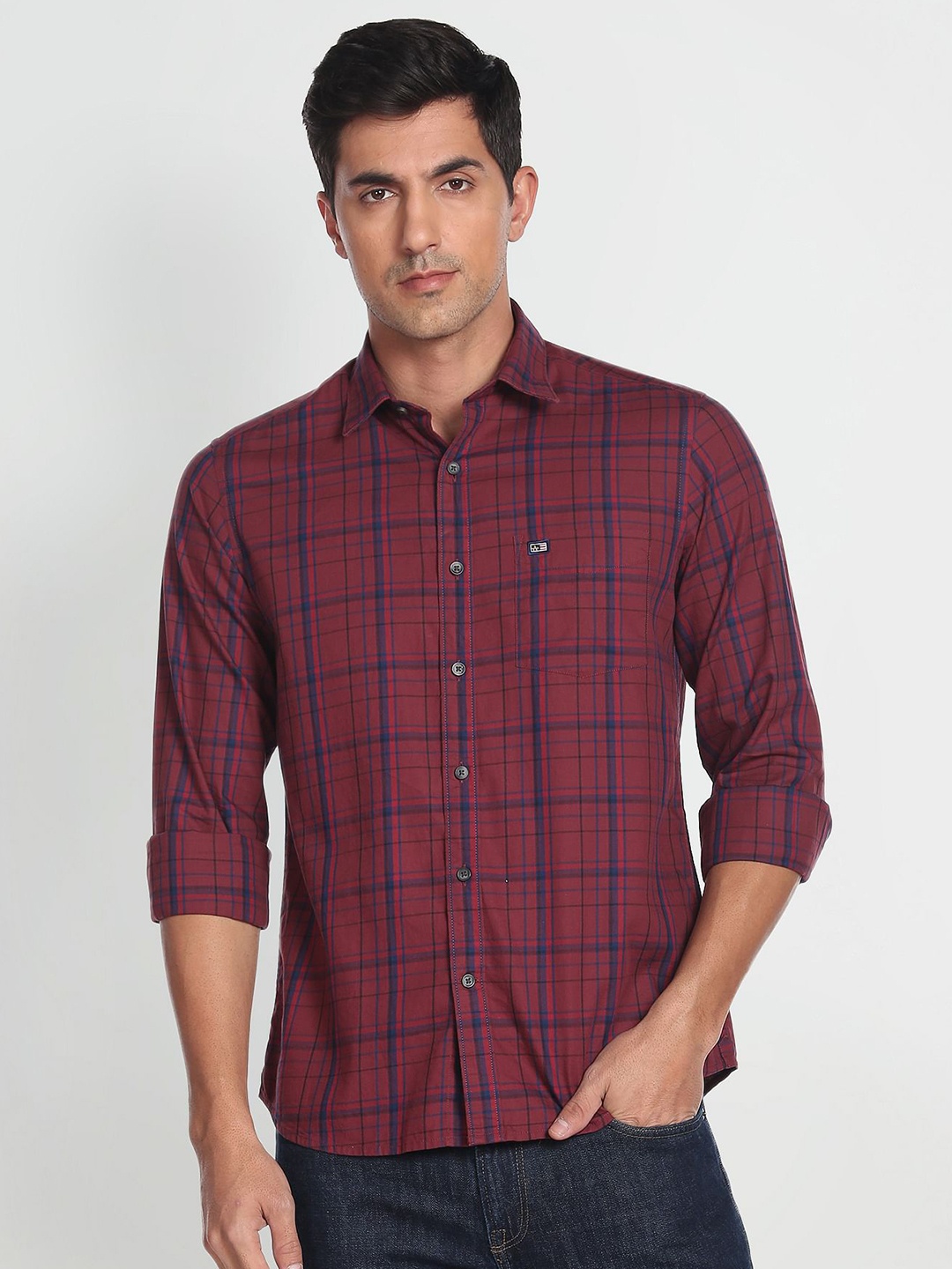 

Arrow Sport Men Pure Cotton Manhattan Slim Fit Tartan Checks Opaque Casual Shirt, Maroon