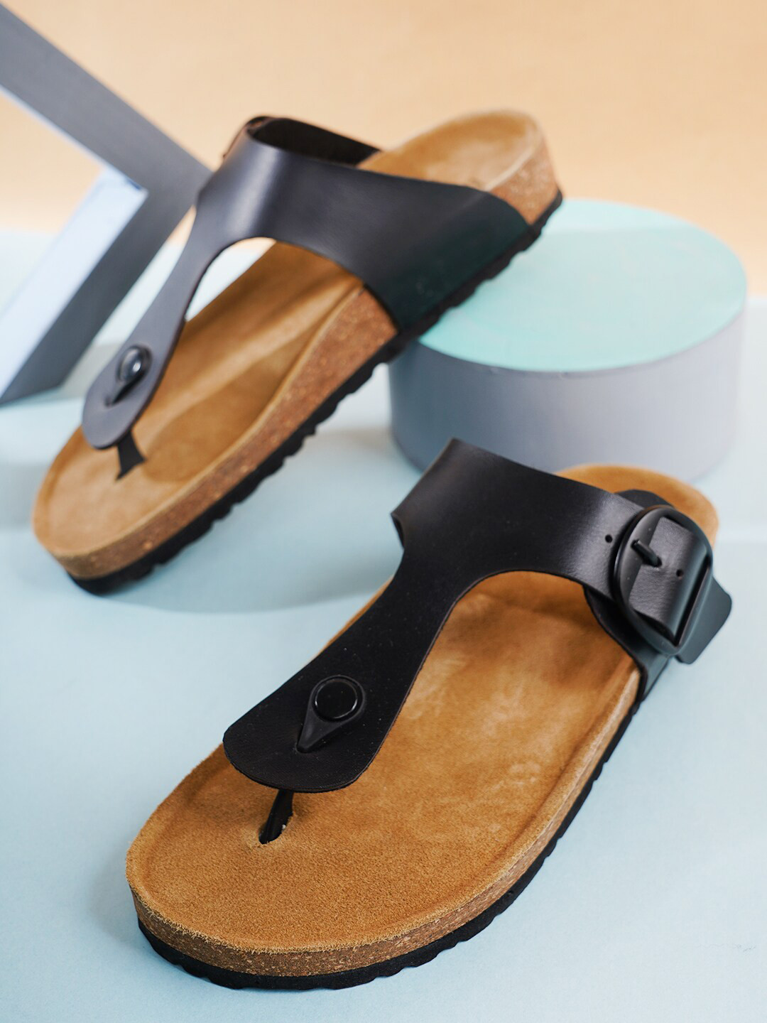 

ELLE Women Leather T-Strap Flats With Buckle Detail, Black