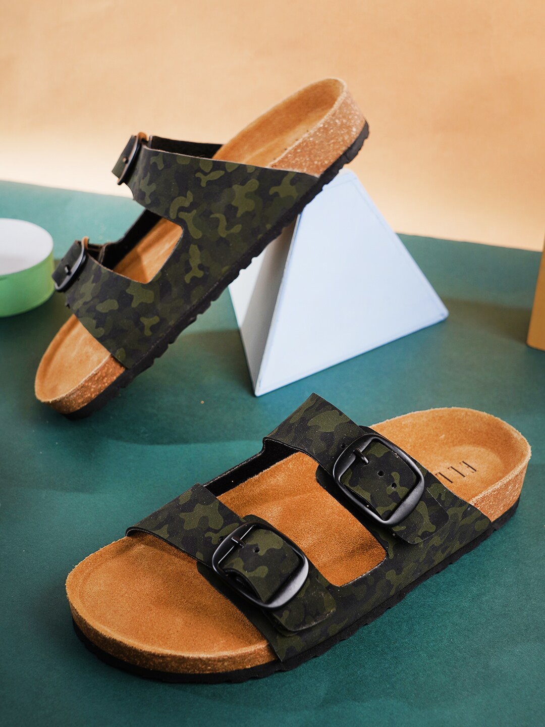 

ELLE Women Camouflage Printed Leather Open Toe Flats with Buckle Detail, Olive