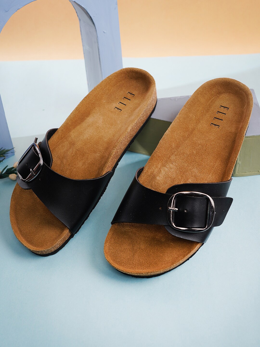 

ELLE Women Leather Open Toe Flats With Buckle Detail, Black