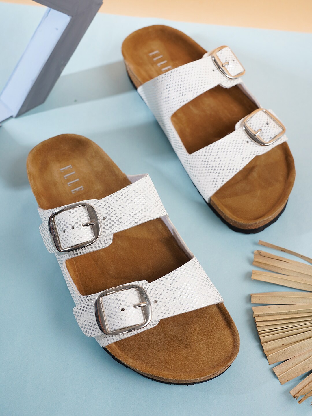 

ELLE Women Leather Buckles Comfort Flats, White