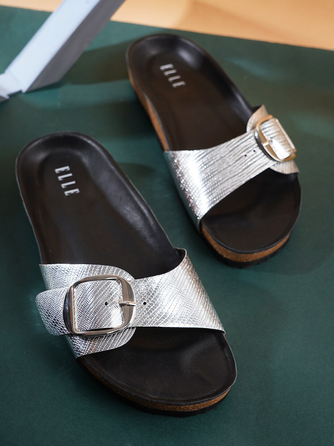

ELLE Women Leather Buckle Comfort Sandals, Silver