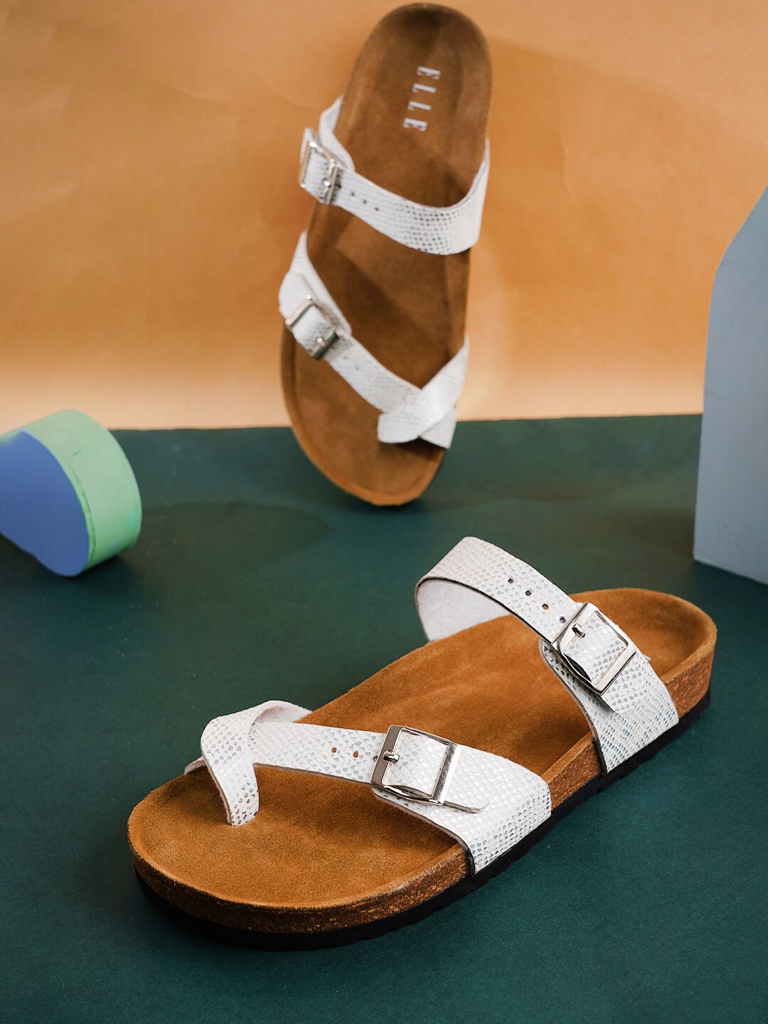 

ELLE Women Textured Leather Ethnic One Toe Flats, White
