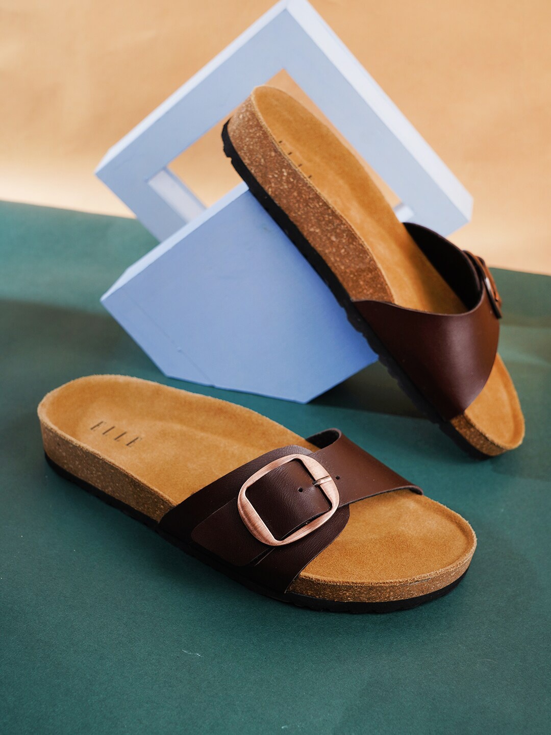 

ELLE Women Leather Open Toe Flats With Buckle Detail, Brown